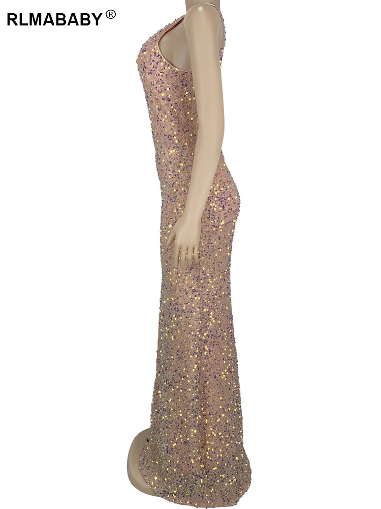 RLMABABY Summer Elegant Women Sequin High Split Maxi Bodycon Dress Sexy Sleeveless Backless Cut Out Party Pink Long Dress