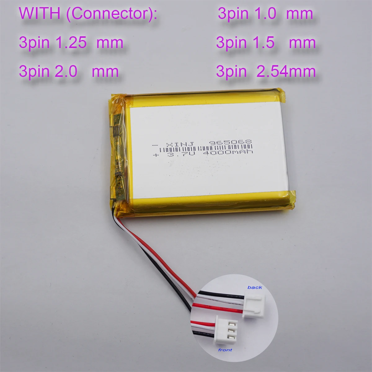 

3.7V 4000mAh 14.8Wh 965068 Polymer Li Lipo Battery 3 Wire Thermistor 3Pin 1.0/1.25/1.5/2.54mm Connector For GPS LED Tablet PC