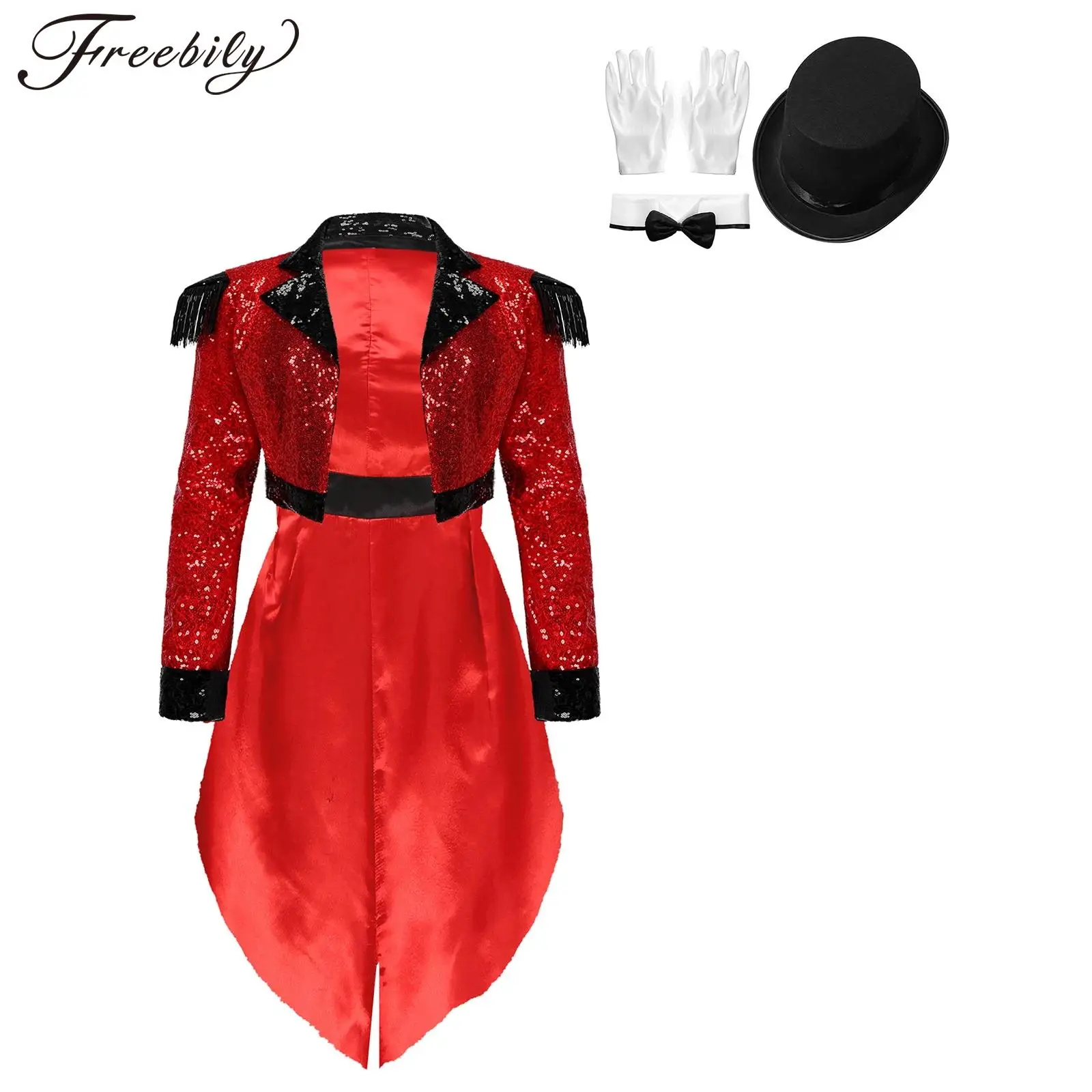 Women Halloween Circus Ringmaster Cosplay Costume Sequin Tailcoat with Hat Collar Gloves Carnival Magic Show Clothes Clubwear