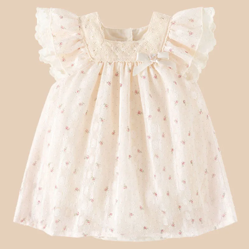 

Summer Newborn Girls Clothes Korean Fashion Cute Bow Sleeveless Cotton Lace Print Baby Dresses Toddler First Birthday Dress B089
