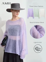 AMII Minimalism Knitted Sweater For Women 2025 Auyumn New Sweet Elegant Solid O Neck Pullover Drop Sleeves Knitted Tops 12551046