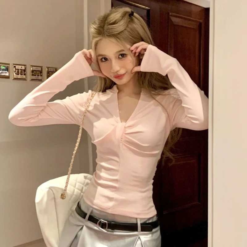 가을 여성용 핑크 브이넥 긴팔 티셔츠 고급 패션 슬림핏 이너 탑