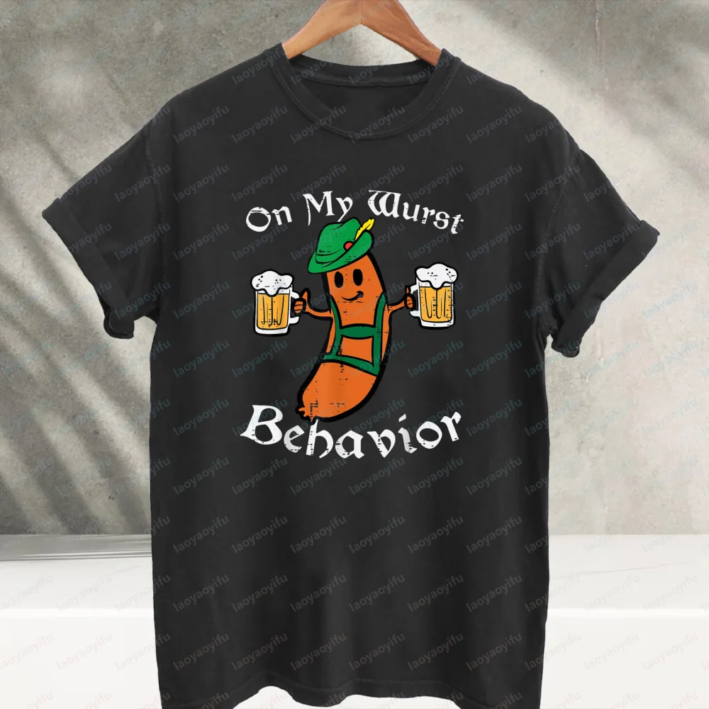 On My Wurst Behavior Funny Oktoberfest Sausage Beer Graphic T‑Shirt Cartoon Bavarian Sausage with Beer Mugs Cotton Casual Tees