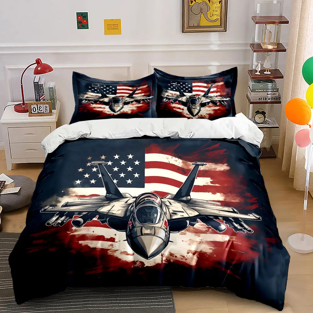 

Fighter jet with flag background Pattern Duvet Cover Set Digital Print Colorful Polyester Bedding with Zipper Closur for gifts
