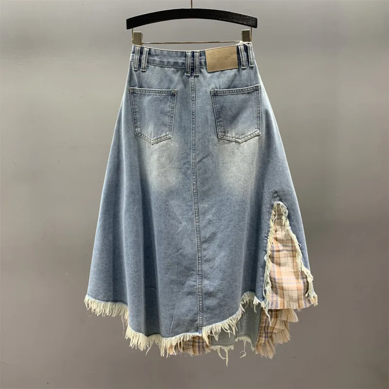 ANJY Spring Summer New Women Tide Fashion Plaid Patchwork Denim Skirt Stylish Casual Loose High Street A-Line Long Skirts A24949