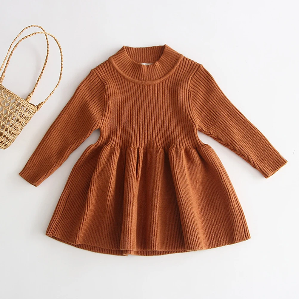 

Girls Knitted Dress Long Sleeve Brown 73cm Autumn Winter Kids Sweater Skirt Keep Warm Soft Comfortable Playwear