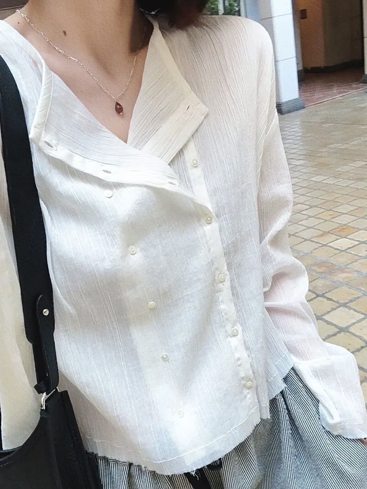 

MGDM Original Design Simple Bubble Pleat Double Button Lightweight Refreing Sun Protection Versatile ort irt Women's Fa...