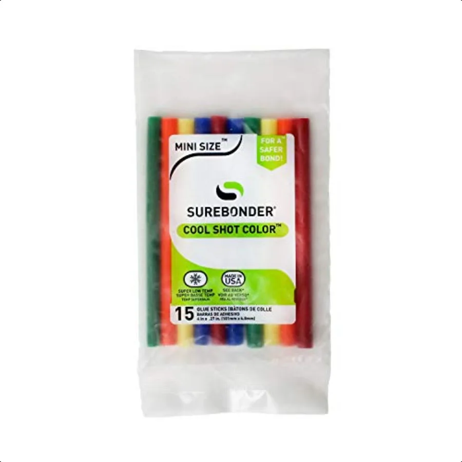 

Surebonder Cool Shot Color Mini Hot Glue Sticks for Ultra LowTemperature Glue Guns Mini Size 4 15 Pack 3 Count of Each Color Re