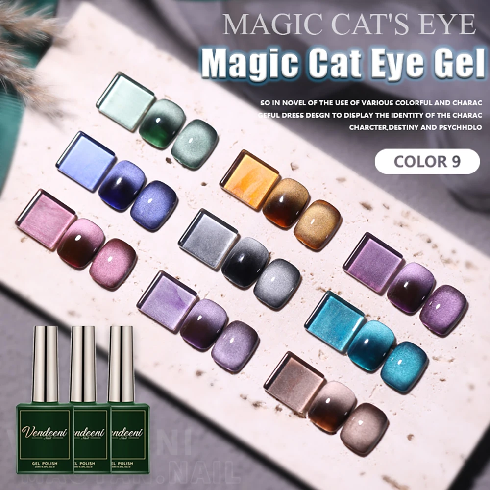 Vendeeni 9 Colors Cat Eye Gel Nail Polish Magnetic UV LED Soak Off Gel Lacquer Semi Permanent Crystal Cat's Eye Gel Varnish 15ml