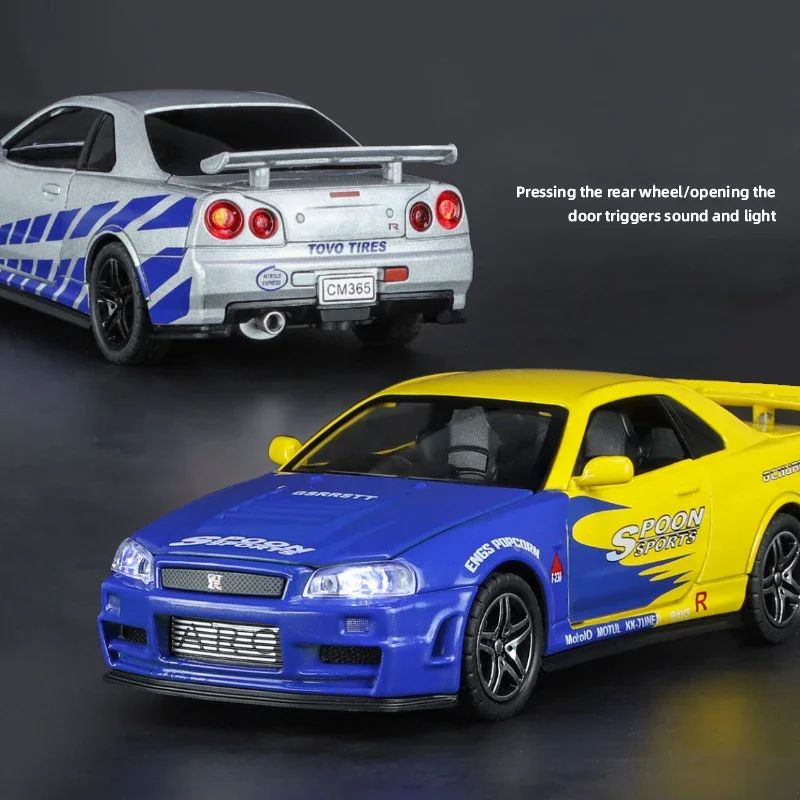 Simulation 1/32 Scale Nissan GTR R34 Alloy Sport Car Model With Sound Light Diecast Toy Vehicles Collective Miniature Voiture