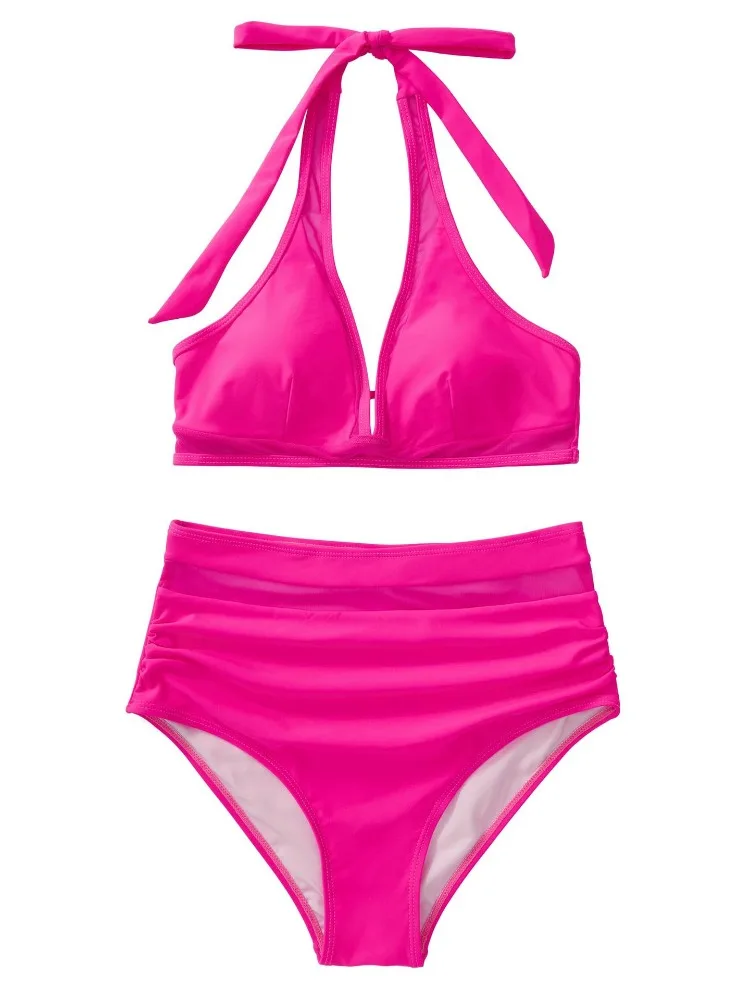 Conjunto de Bikini de cintura alta para mujer, bañador Sexy de realce, ropa de playa negra, traje de baño ajustable, Bikinis 2024