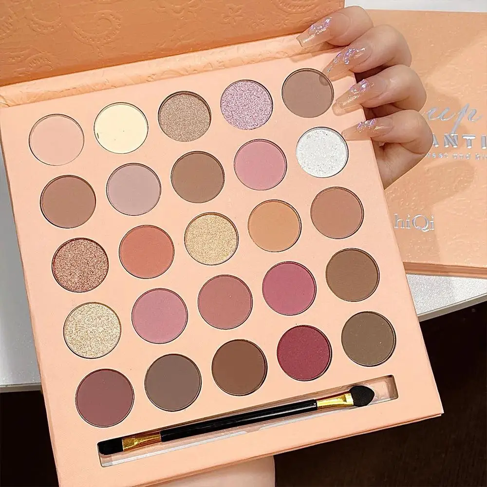 Placa de sombra de ojos con pincel, 25 colores, mate brillante sombra de ojos, paleta de sombras de ojos de larga duración, maquillaje de ojos de Color tierra