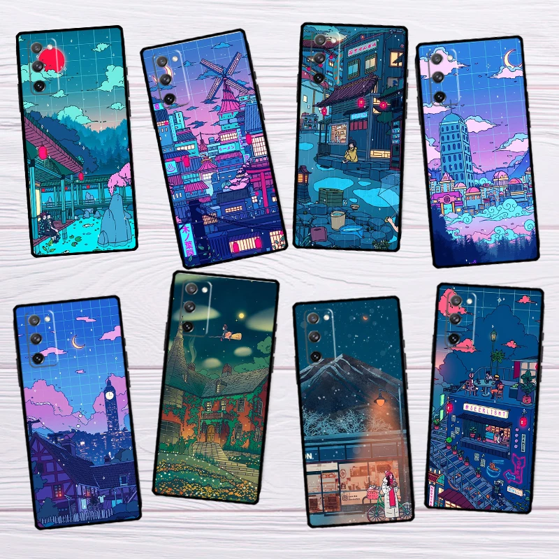 Cyberpunk  Village Neon Anime Case For Samsung Galaxy S23 S21 Ultra S22 Ultra Note 20 S8 S9 S10 Plus S10e S20 FE Phone Shell