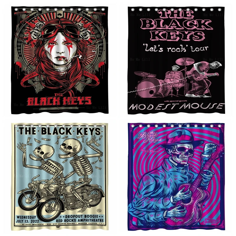 The Black Keys Concert Poster And Indie Rock Bands Skeleton Motorbike Play The Guitar Bathroom Decor Shower Curtain