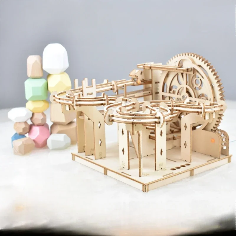 3d Wooden Creative Mechanical Puzzle Kits for Kids Adults Building Block Set Tos Marble Run Track with Balls DIY Montessori Gift