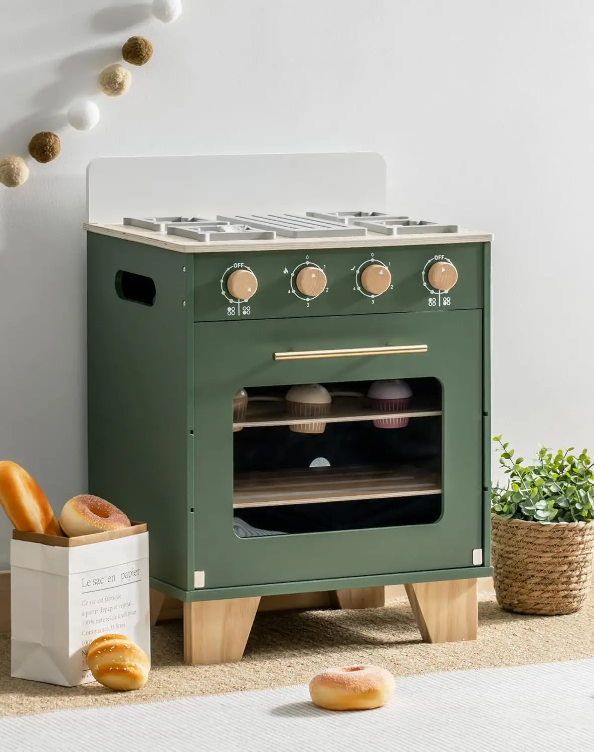 Robotime Robud Forno de brinquedo de madeira Conjunto de cozinha vintage verde com comida para brincar Conjunto de cozinha para meninos e meninas