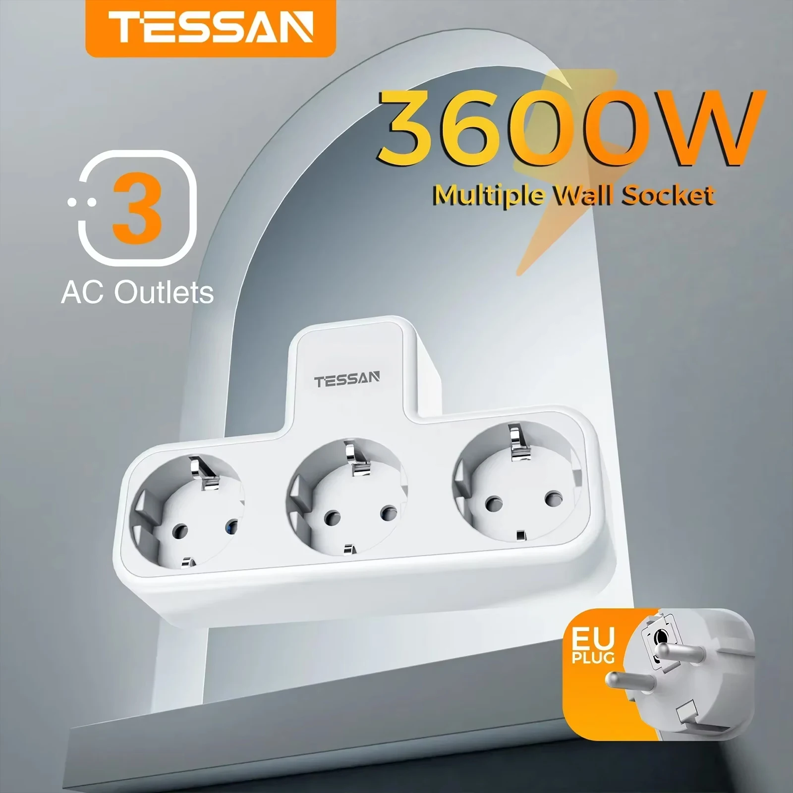 TESSAN Mehrfachsteckdose mit 3 AC-Steckdosen, Ladeanschlüssen, EU-Stecker, Steckdosenleiste mit Überlastschutz, 3-fach-Stecker EU