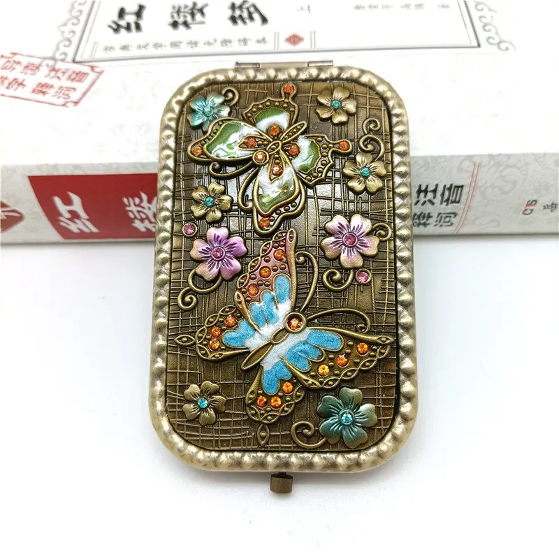 Metal rectangular double-sided small mirror, portable makeup mirror, butterfly love flower enamel process, dustproof bag