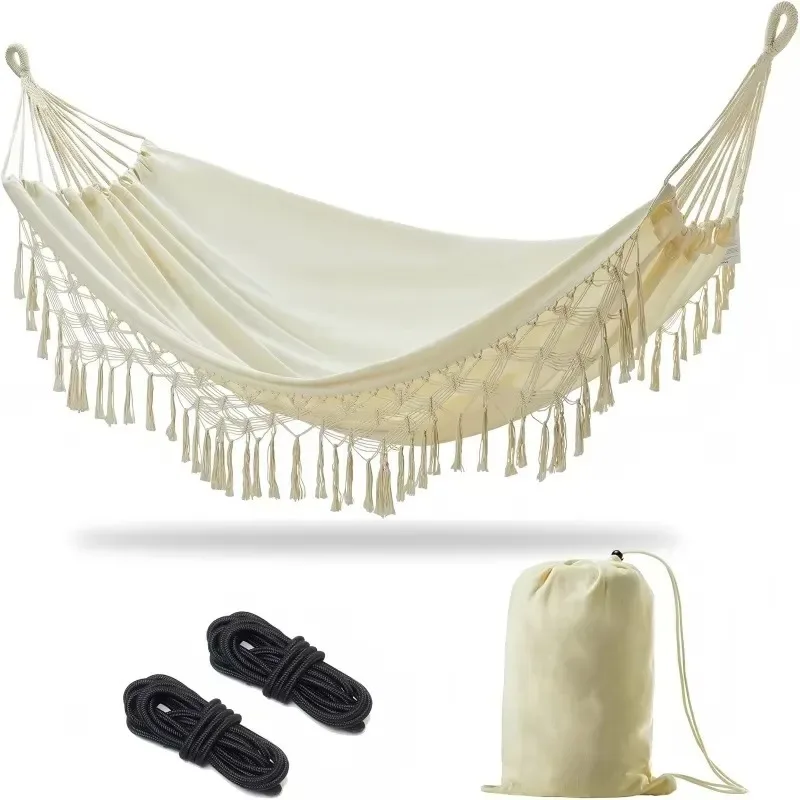 STLF Double anti-rollover hammock Thickened beige canvas with canvas fringed camping hammock