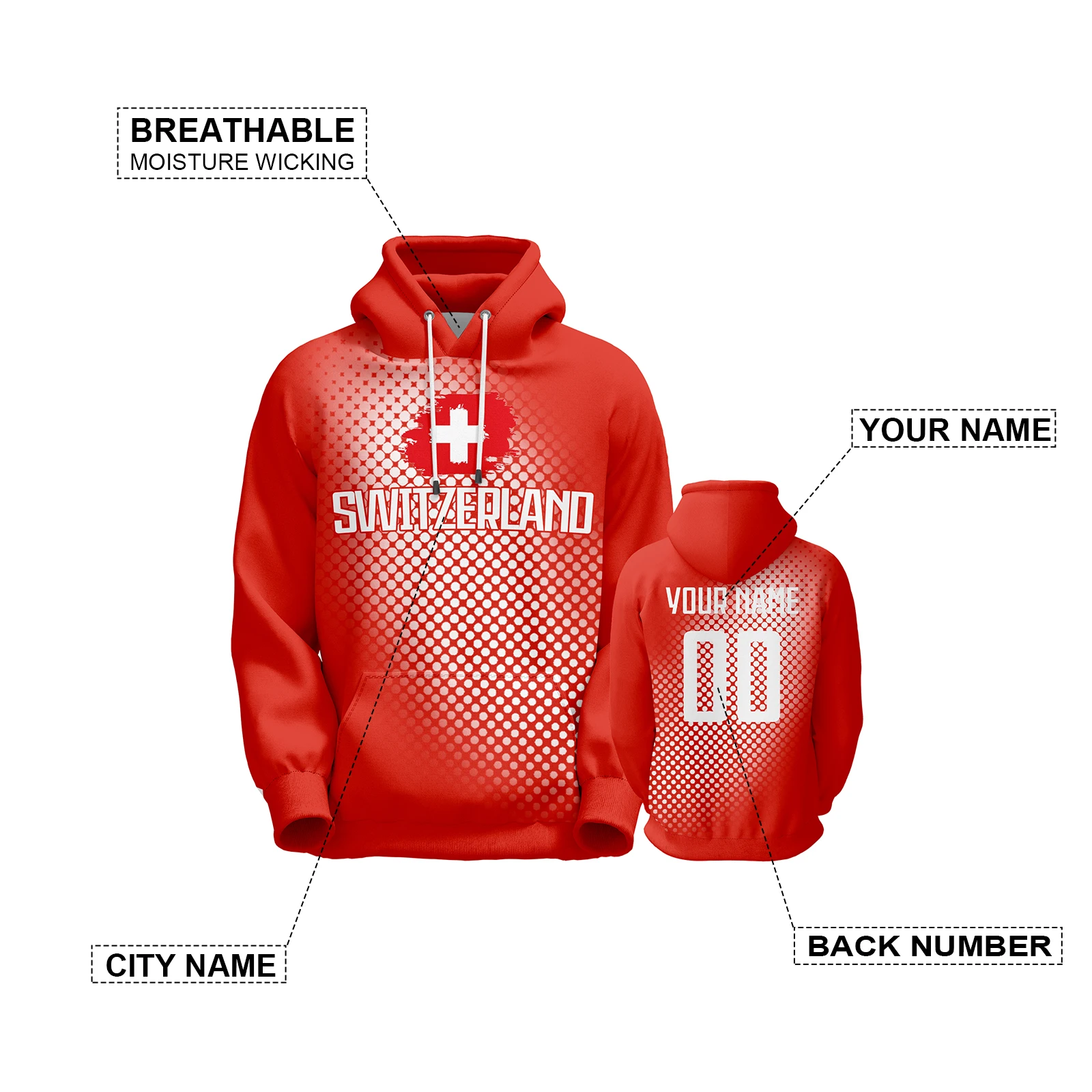 Hoodie sepak bola kustom Switzerland Pullover Football Sweatshirt dengan nomor nama personal hadiah penggemar muda Pria Wanita S-5XL