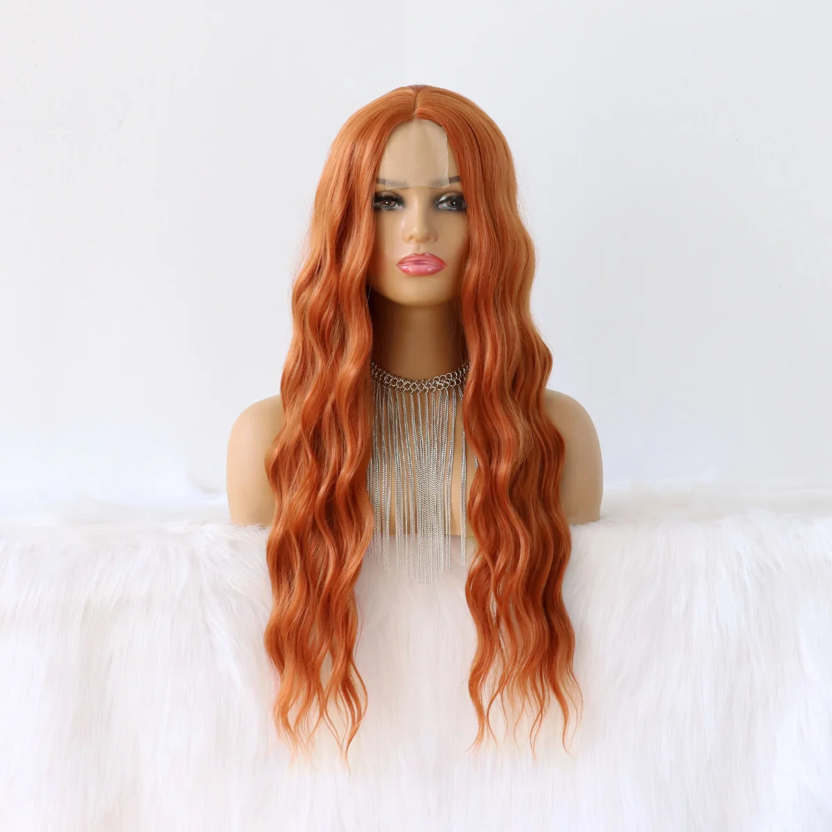 Orange Red Lace Front Wigs Glueless Ginger Color Natural Wave Synthetic Heat Resistant Fiber Hair Wig for Cosplay Daily Use