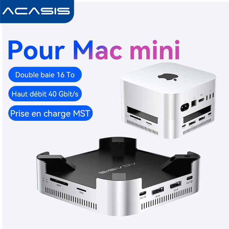 Station d'accueil USB-C Acasis 40Gbps | Double SSD M.2 NVMe 16 to Max, prise en charge des Ports USB-A DP4K144Hz (simple) TF/SD pour Mac Mini M4/M4Pro