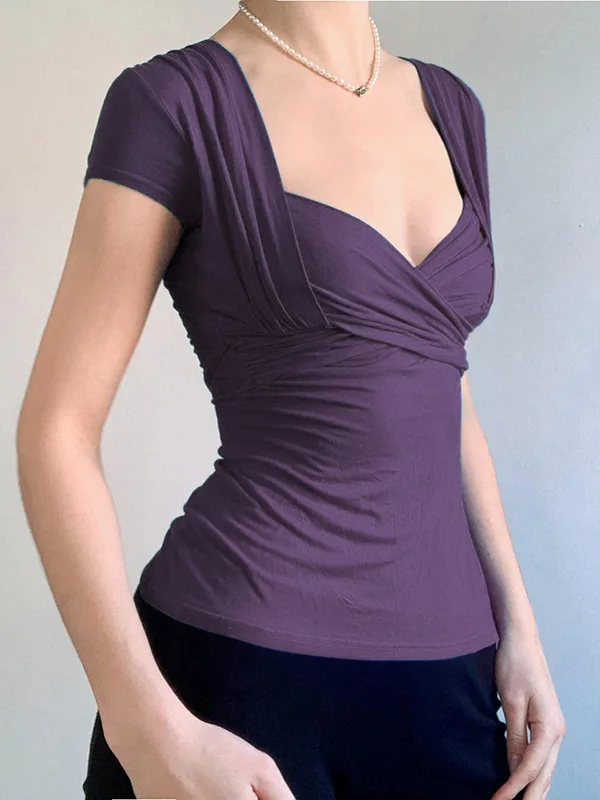 

Slim Fit ort Sve футболка женская V-Ne плиссированная сексуальная с низкой грудью и вырезом на талии летняя трикотажная повседневная модная повседневная одежда