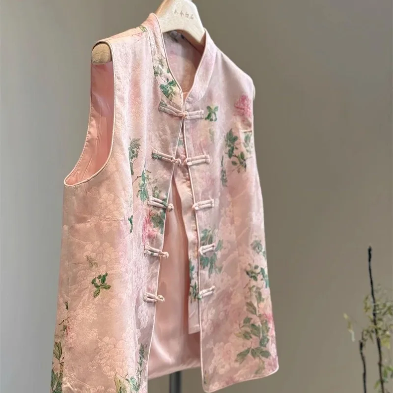 Women New Chinese Pink Floral Jacquard Satin Sleeveless Vest Mandarin Collar Frog Button Waistcoat