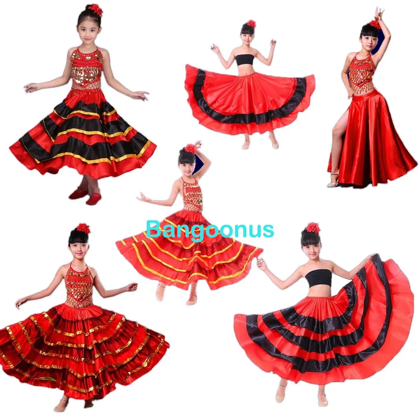 Kinder Hohe Qualität Satin Weiche Rot Schwarz Teenager Mädchen Spanisch Flamenco Rock Gestreiften Bling Ballsaal Bühne Tragen Leistung Kleid