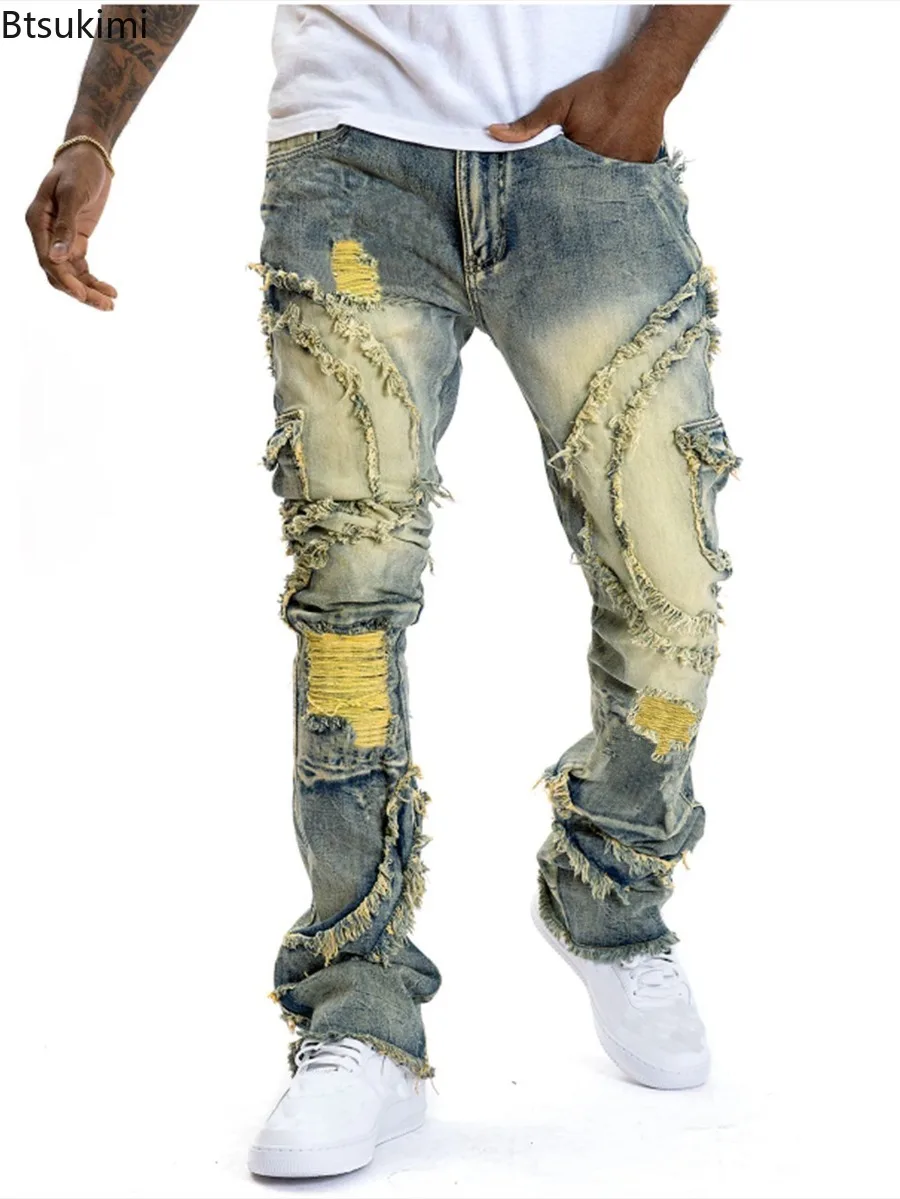 New Men's Ripped Hole Jeans Slightly Flared Tassel Elastic Slim Denim Pants Fashion Hip Hop Streetwear Men Retro Casual Trousers