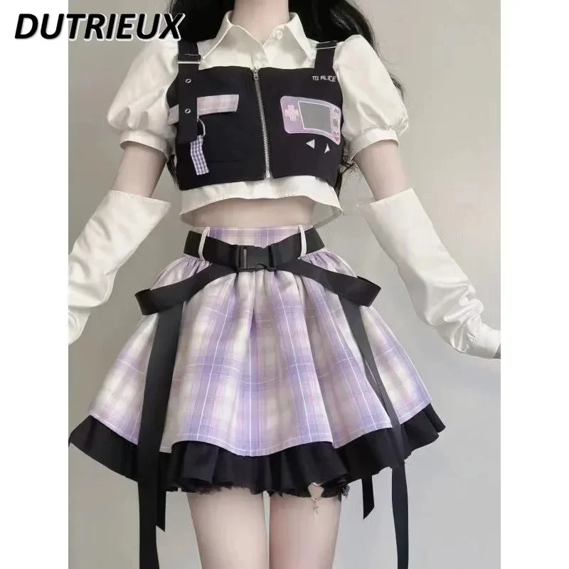 Summer Y2k Suit Japanese Style Sweet Cute Girls Vest Puff Short Sleeve Shirt JK Uniform Puffy A- Line Skirt Womens Outfits