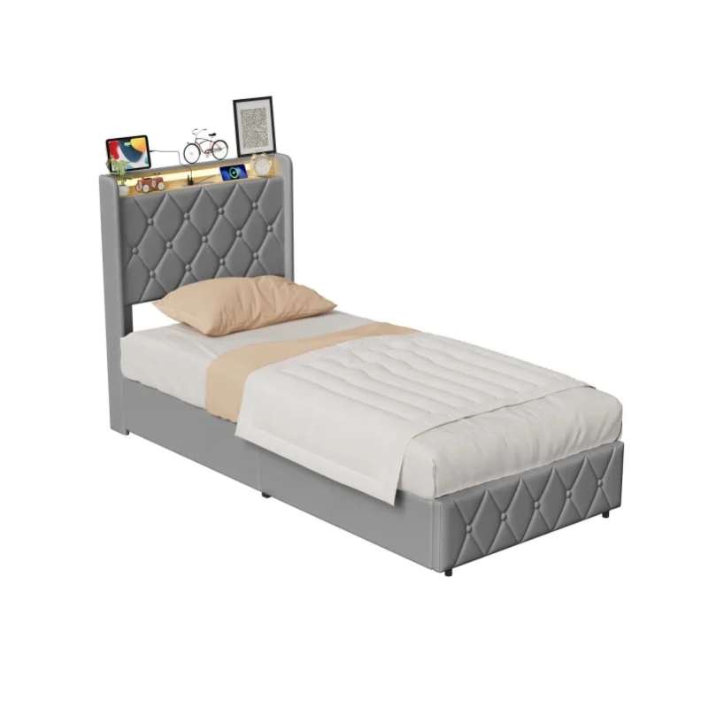 Rosahqnda Polsterbett 90 x 200 cm mit LED-Beleuchtung und Ladestation, Einzelbett mit samtgepolstertem Kopfteil, hydraulischem Stauraum und Metallrahmen, Samt, Beige/Grau, ohne Matratze