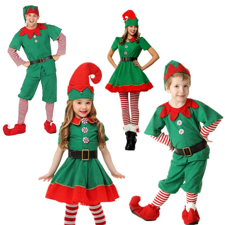 Christmas Elf Performance Family Costume Adult Children Cosplay Santa Claus Xmas Party Gown Clothes for Men Women Boys Girls