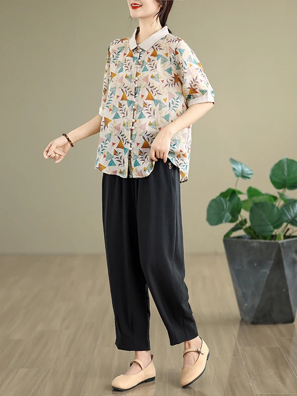 Faionable Slimming Cotton Linen Set Svel Printed irt Elastic Waist Eighteen Harlan Pants Casual Two-piece Set Women