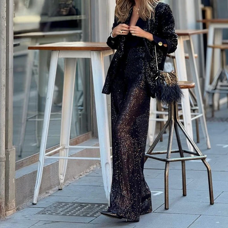 Commuter Lady Elegant Sequin Blazer Outfit Spring Bright Silk Top Cardigan+Straight Pants Suit Autumn Long Sleeve Slim Women Set