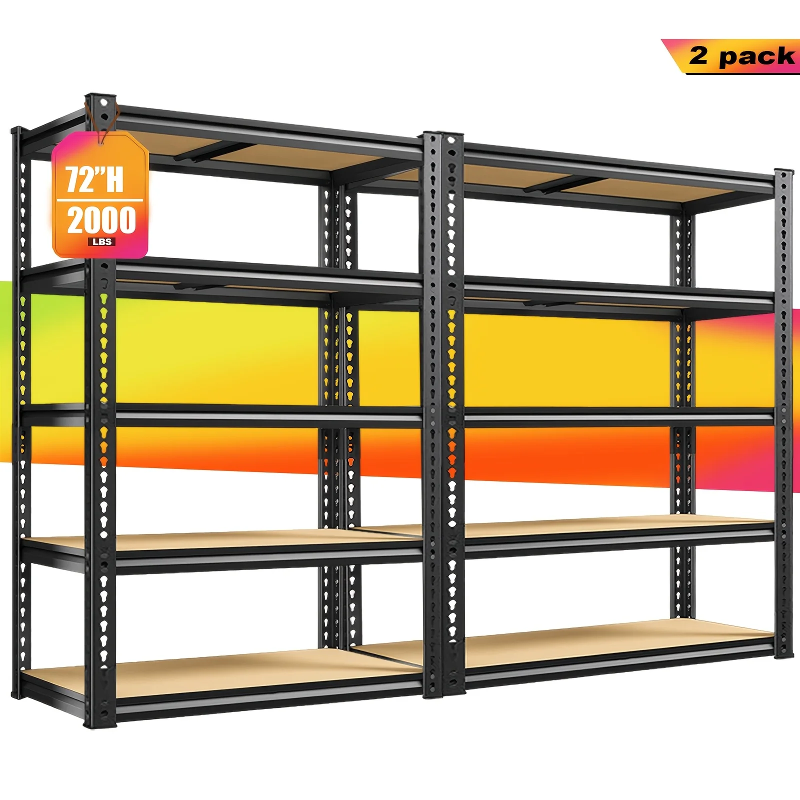 

Heavy Duty 1/2pcs 5-Tier Garage Shelving Unit, 2000LBS Metal Storage Shelves for Garage, Adjustable Utility Shelf Organizer for Basement, Pantry, Closet, Garage Storage Rack Shelving Units, 72"H X 35.55"W X 16"D, Black, Utility Shelves, No Bolts