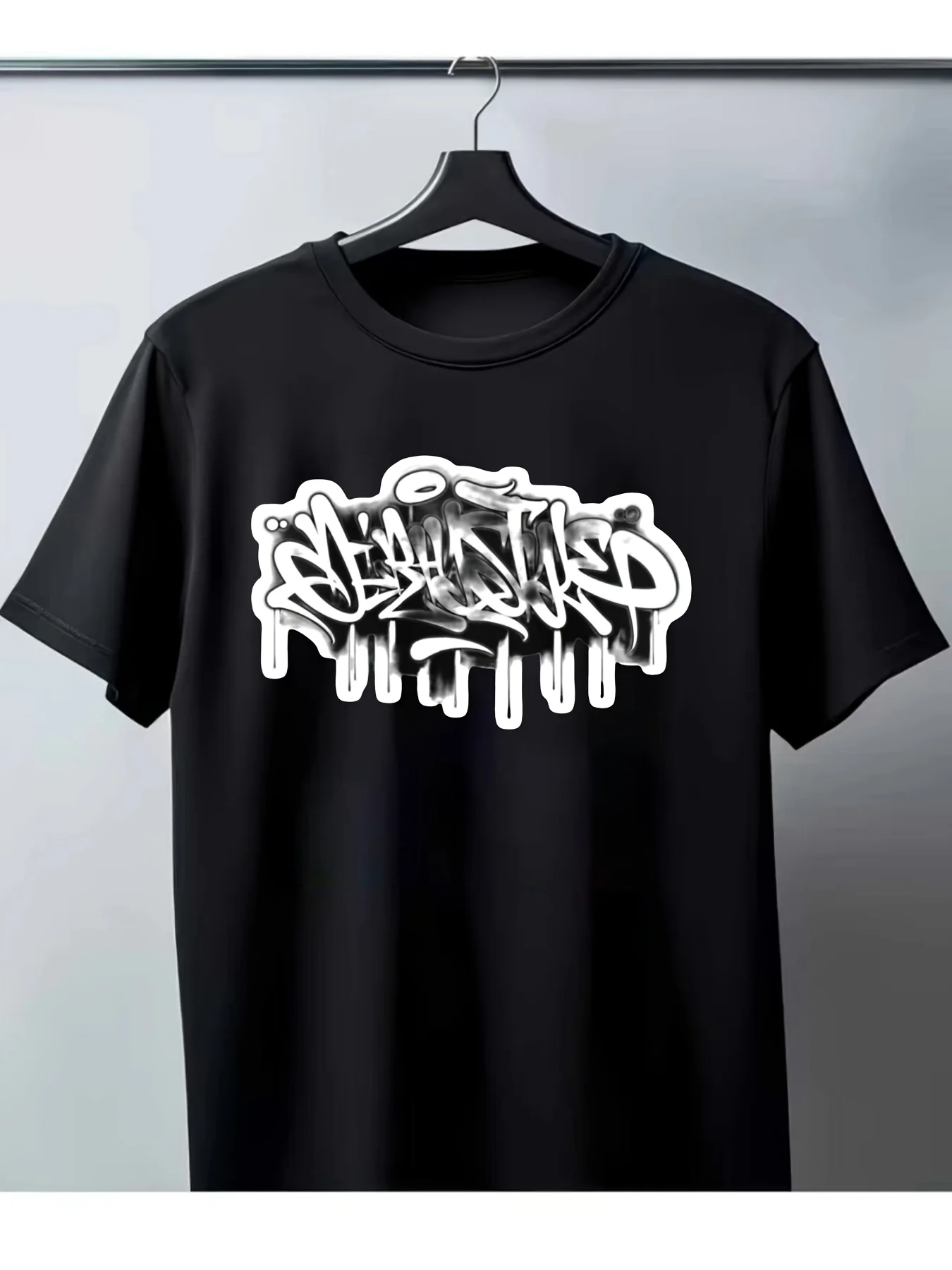 Men's Black Graffiti Print T-Shirt, with White Splatter Street Style, Regular Fit Short-Sleeve Crew Neck Casual Shirt, Suitable for Fitness, Outdoor Activities, Urban Fashion, Comfortable and Machine Washable, Vintage Casual Crew Neck Print T-Shirt, Plus Size