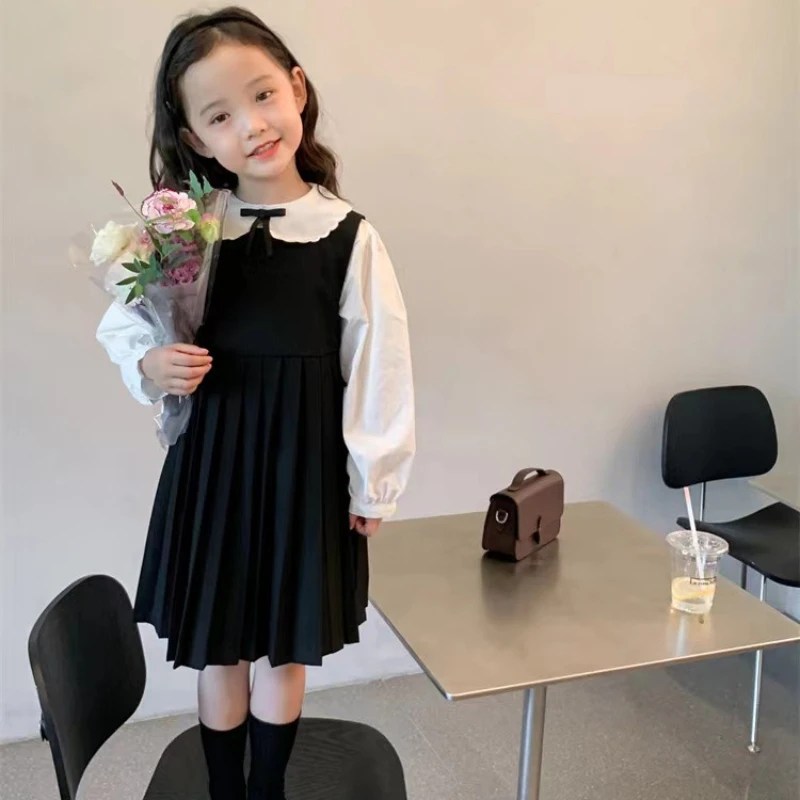 Girls\' College Style Suit 2023 Autumn New Children\'s Korean Version Doll Collar Shirt +jk Sundress + Pleated Skirt Suit