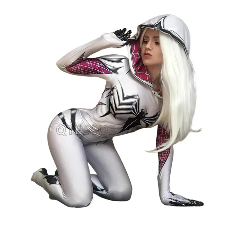 

MINISO для взрослых, белый костюм Гвен Стейси для женщин и девочек, костюм супергероя паука на Хэллоуин, боди зентай, одежда с маской