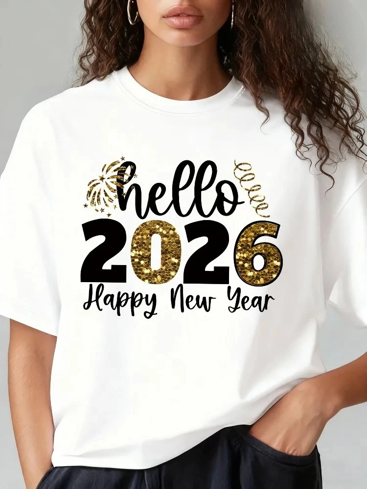 

Women's 2026 Greeting T-Shirt Happy New Year 2026 Design Short-Sleeve Casual Crew Neck T-Shirt New Year's Eve Celebration Attire