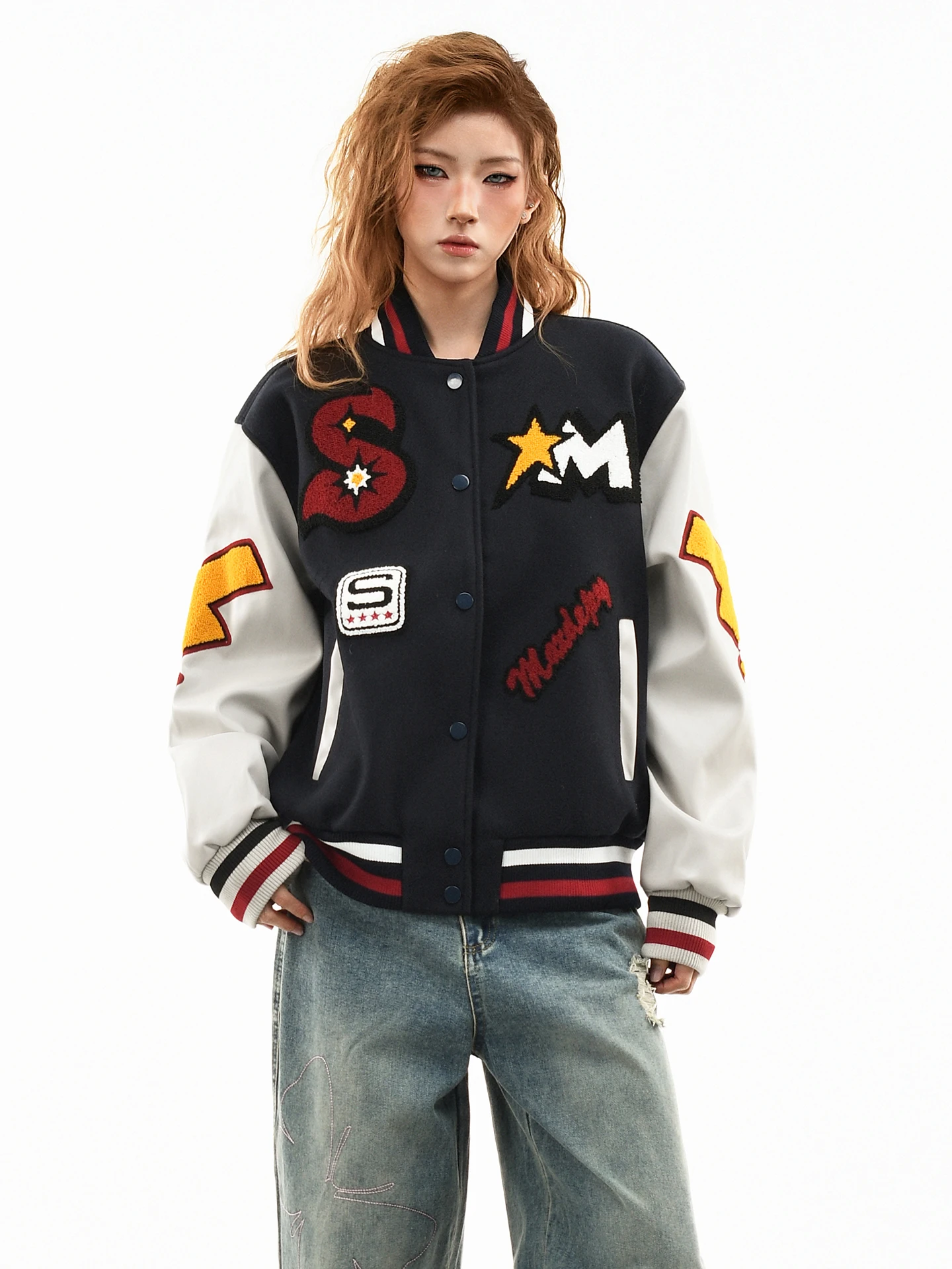 

OV Original American Letter Embroidery Towel Baseball Jaet Loose Color Blo Stand Collar for Men And Women Spring Faion