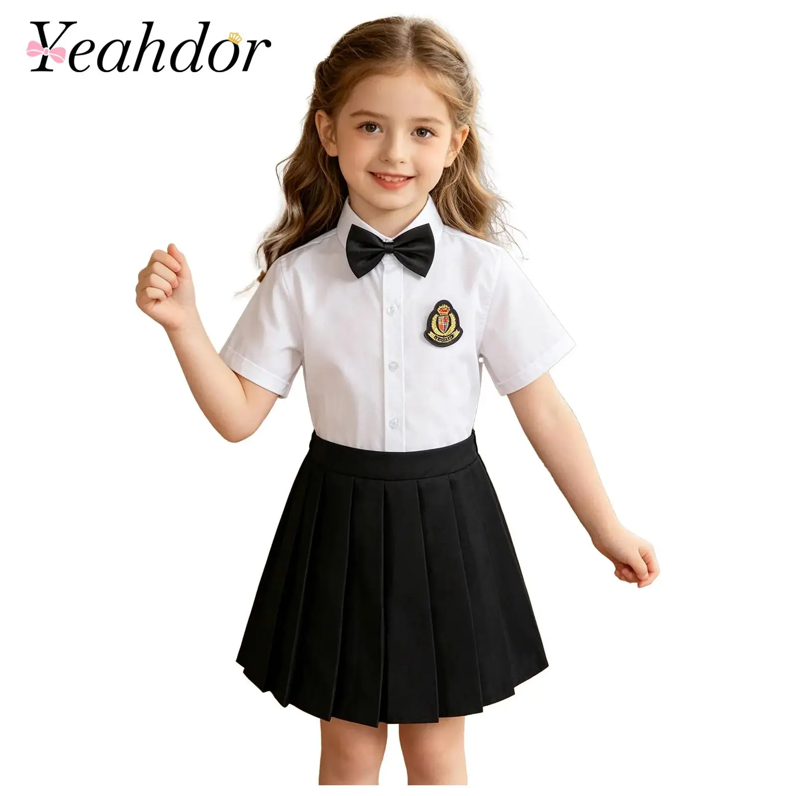 Schuluniform für Mädchen mit Umlegekragen, Kurzarm-Hemd und Plisseerock, Anzüge für Formelle Anlässe und Bühnenauftritte