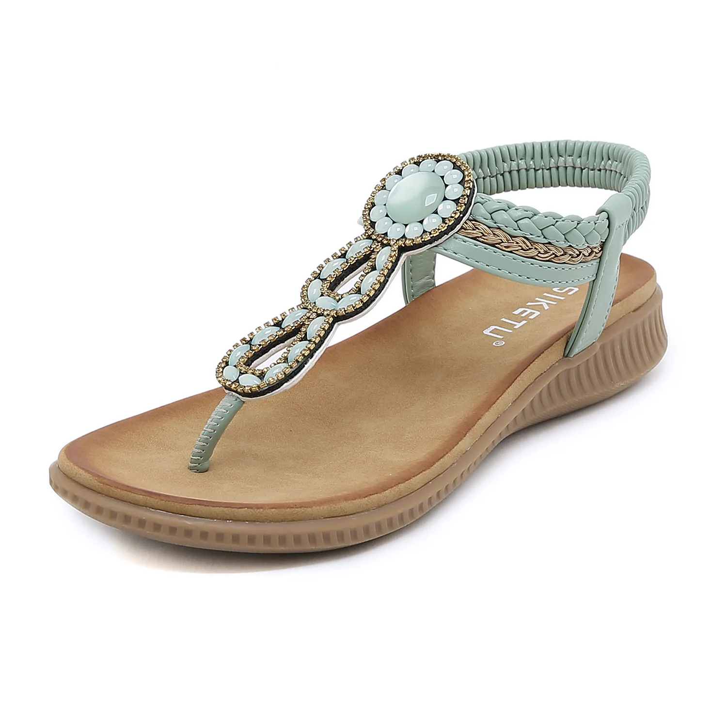 Plus Size 36-42 Shoes for Women Bohemia Crystal Sandals Women Shoes Rhinestone Lady Flip Flops Pearl Slip on Flat Beach Shoes