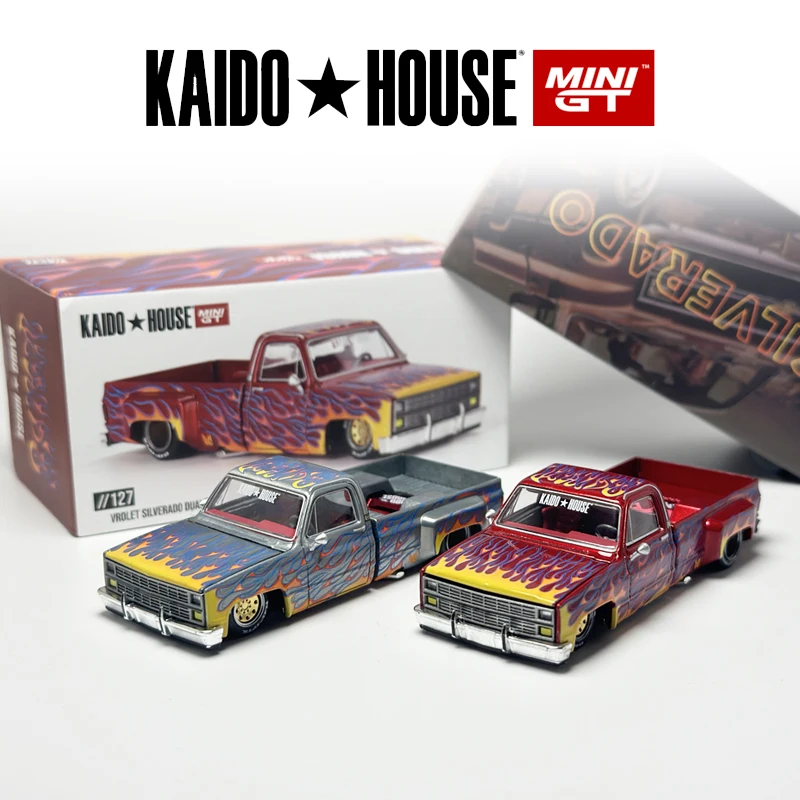 Kaido House Silverado Dually on Fire V1 KHMG Pickup Flame chase Alloy car model 127