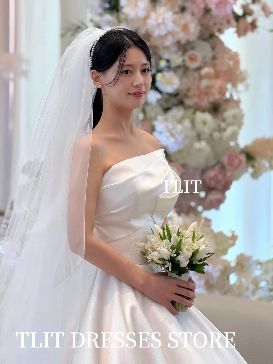 TLIT 우아한 화이트 실크 새틴 웨딩 드레스 스트랩리스 원숄더 신부 드레스 한국 웨딩 드레스 사진 촬영 맞춤 제작