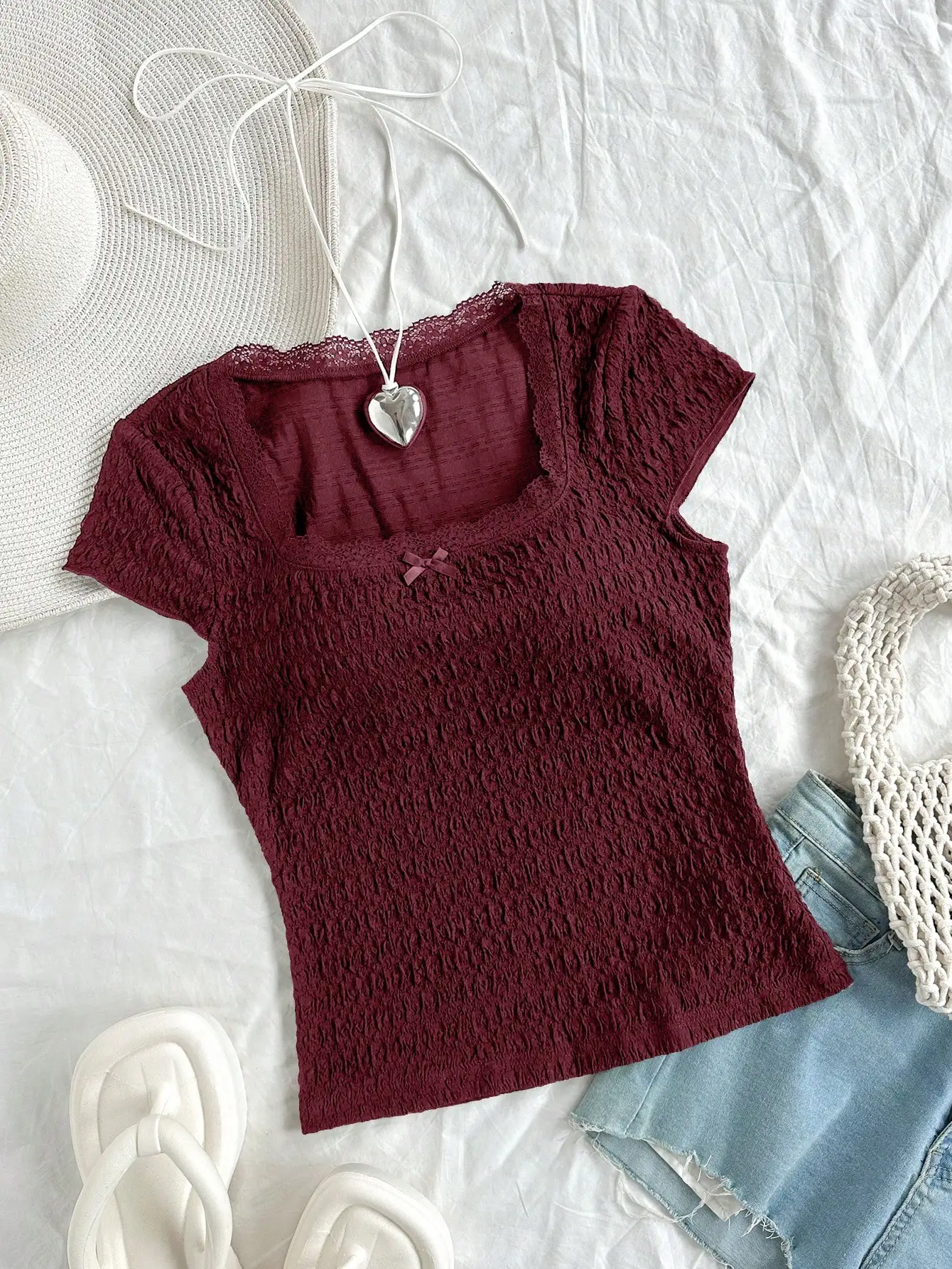 Europe and the United States fresh girls pure desire lace sexy low-cut round neck slim stretch short-sleeved T-shirt top