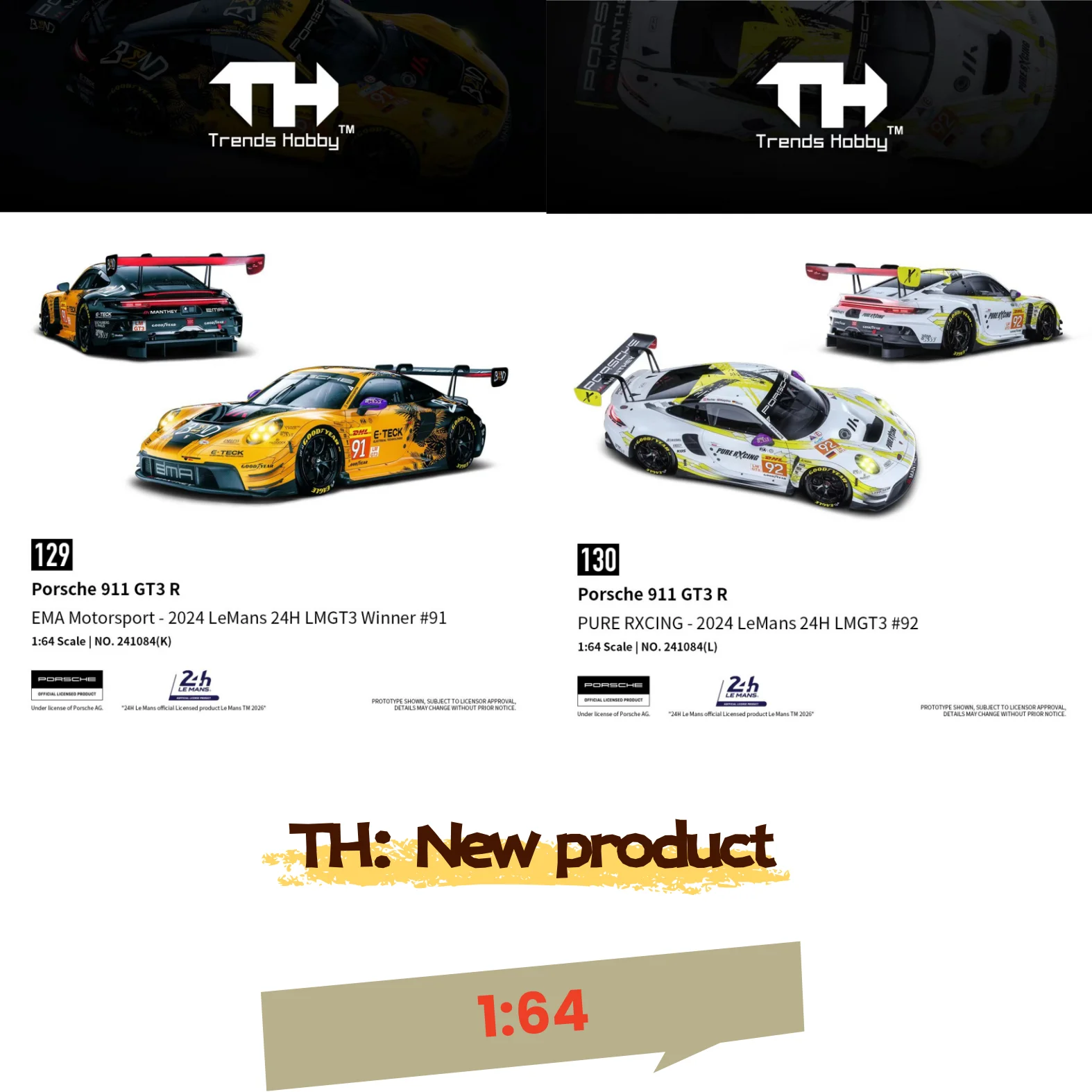Pre-Sale 1:64 TH Porsche 911 GT3 R Le Mans 24H 2024 #91 #92 Alloy Diecast Model view 4