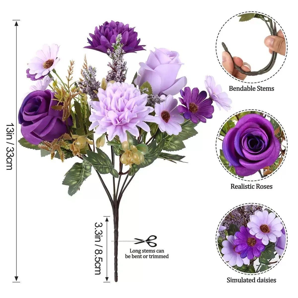 7 Zweige Künstlicher Blumenstrauß, Kunstrosen, Gänseblümchen, Chrysanthemen für Hochzeit, Heimdekoration, Tischdekoration, Partydekoration – Detail 8