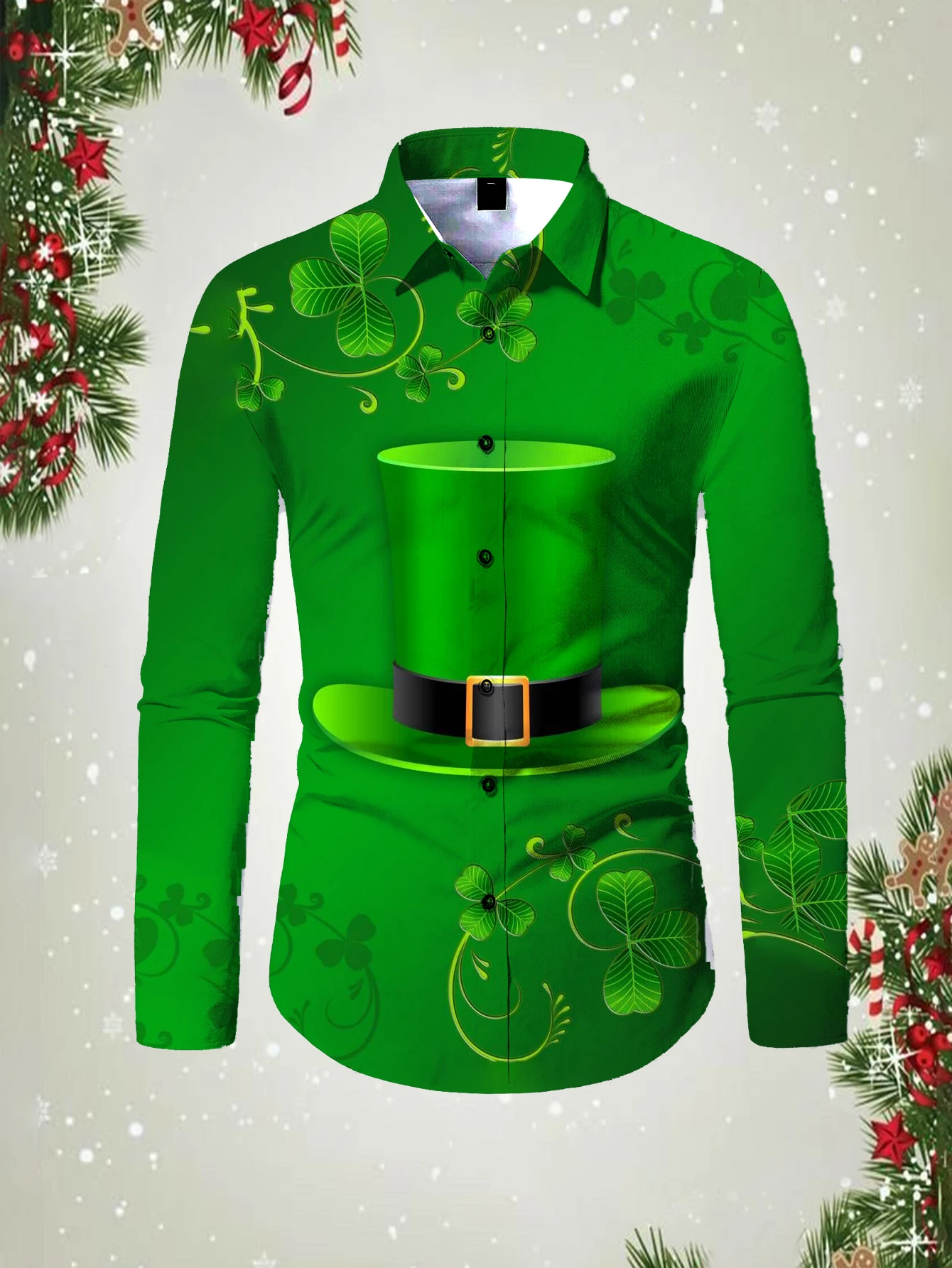 St. Patrick's Day Fashion Men's Casual Long Sleeve Shirts Breathable Tops Green Clover Stylish Pattern Full Sleeve Shirt