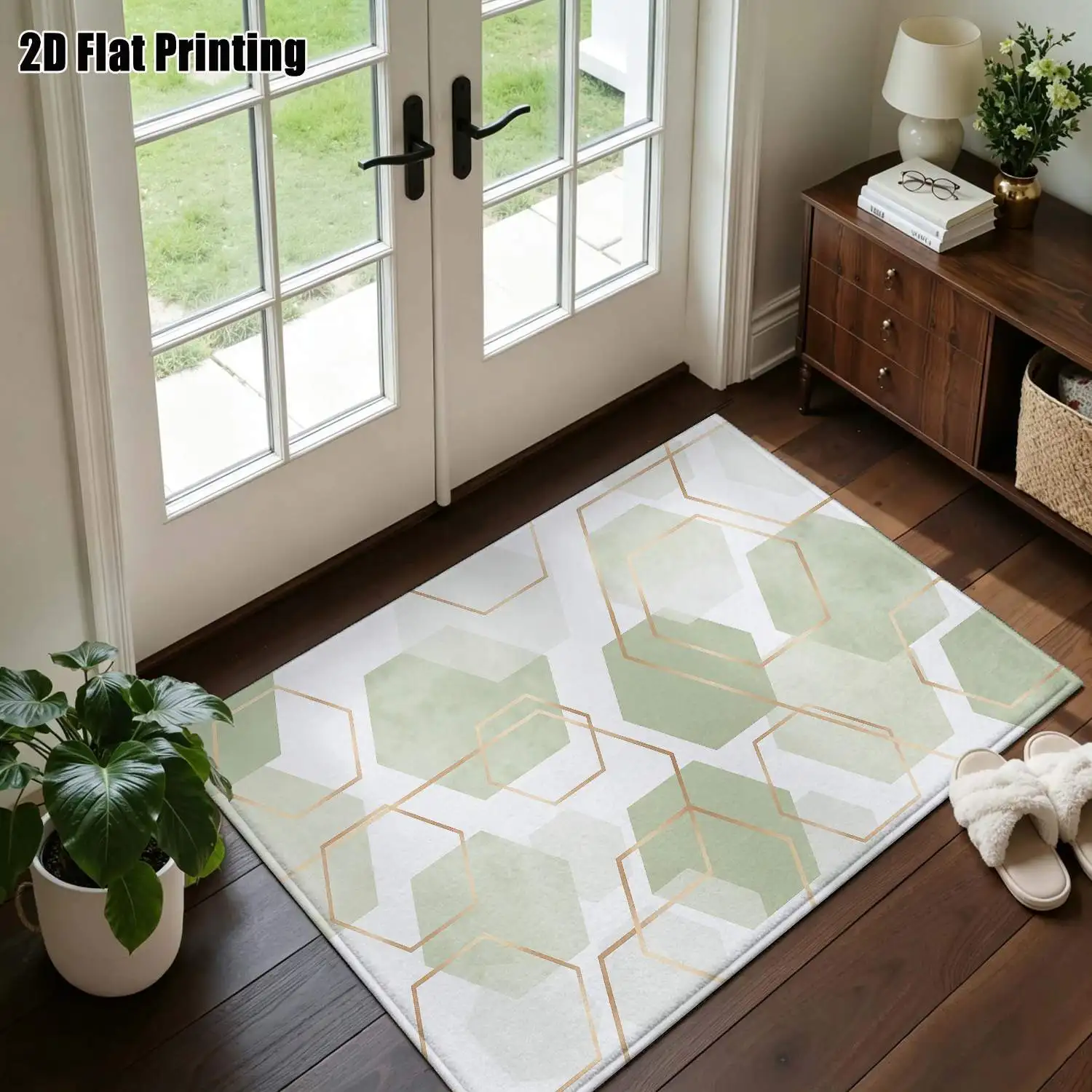 1Pc 2D Printed Carpet: Fresh Green White Geometric Nordic/Instagram Modern Simple Style, Multi-Size Machine Washable Floor Mat for Entrance Dining Foyer Bedroom Living Room Home Decor